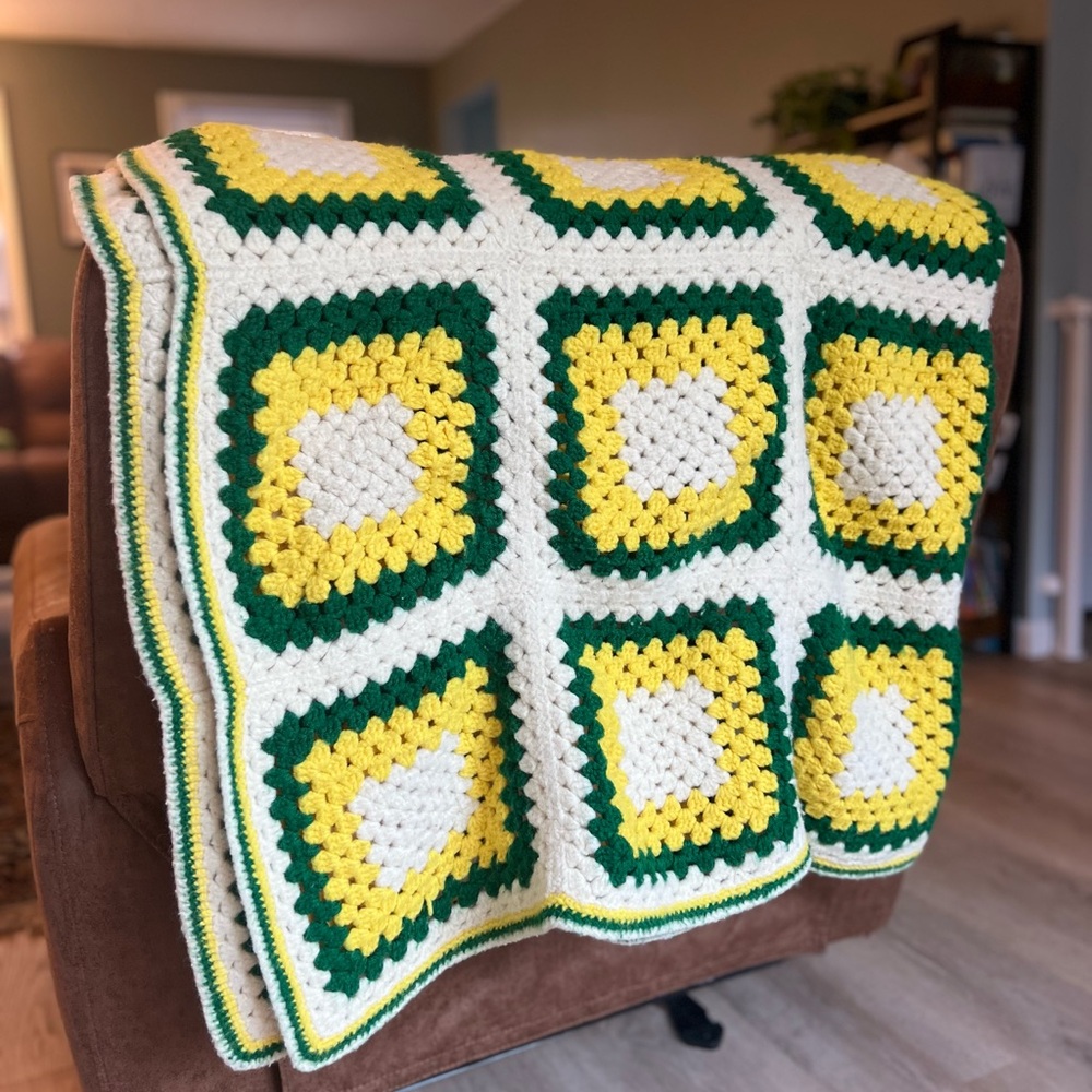 Handmade Granny Square Crochet Blanket - Yellow, Green & Cream